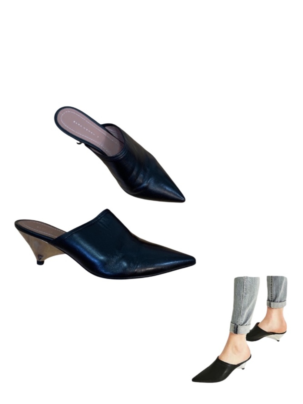 Zara Black Leather Kitten Heel Mules